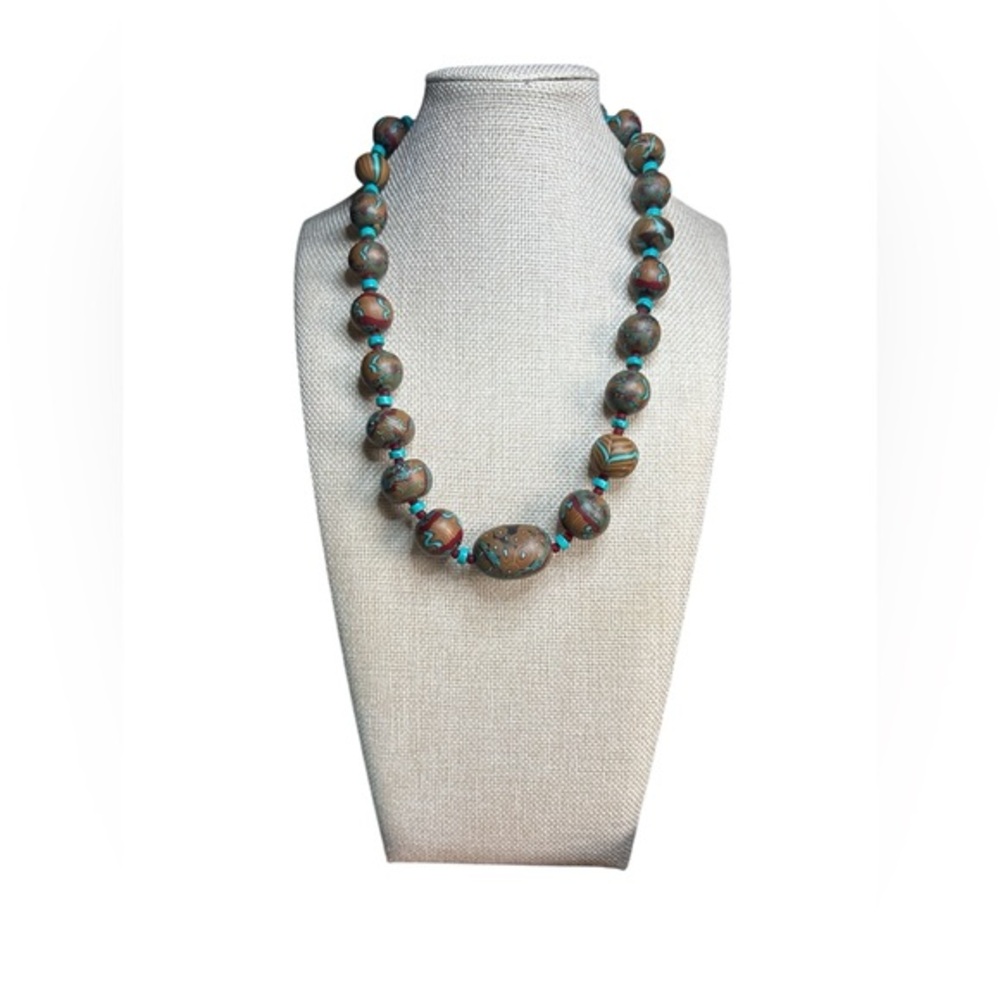 Polymer and Turquoise handmade Graduated Beaded Necklace 22’